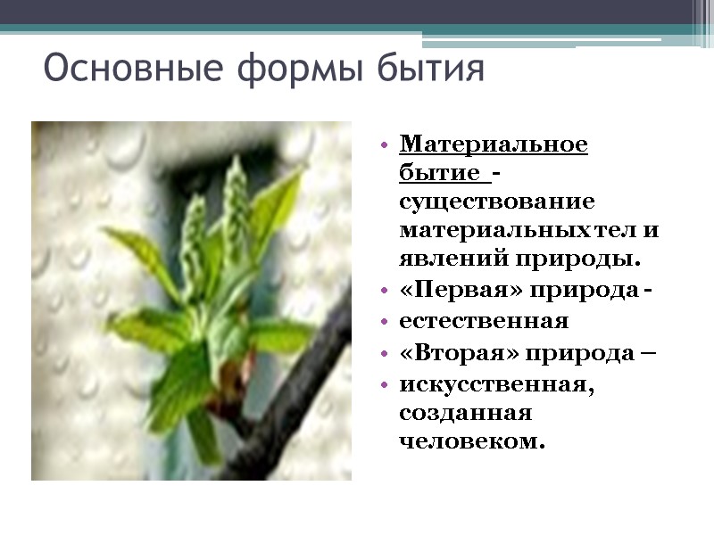 Основные формы бытия Материальное бытие  - существование материальных тел и явлений природы. 